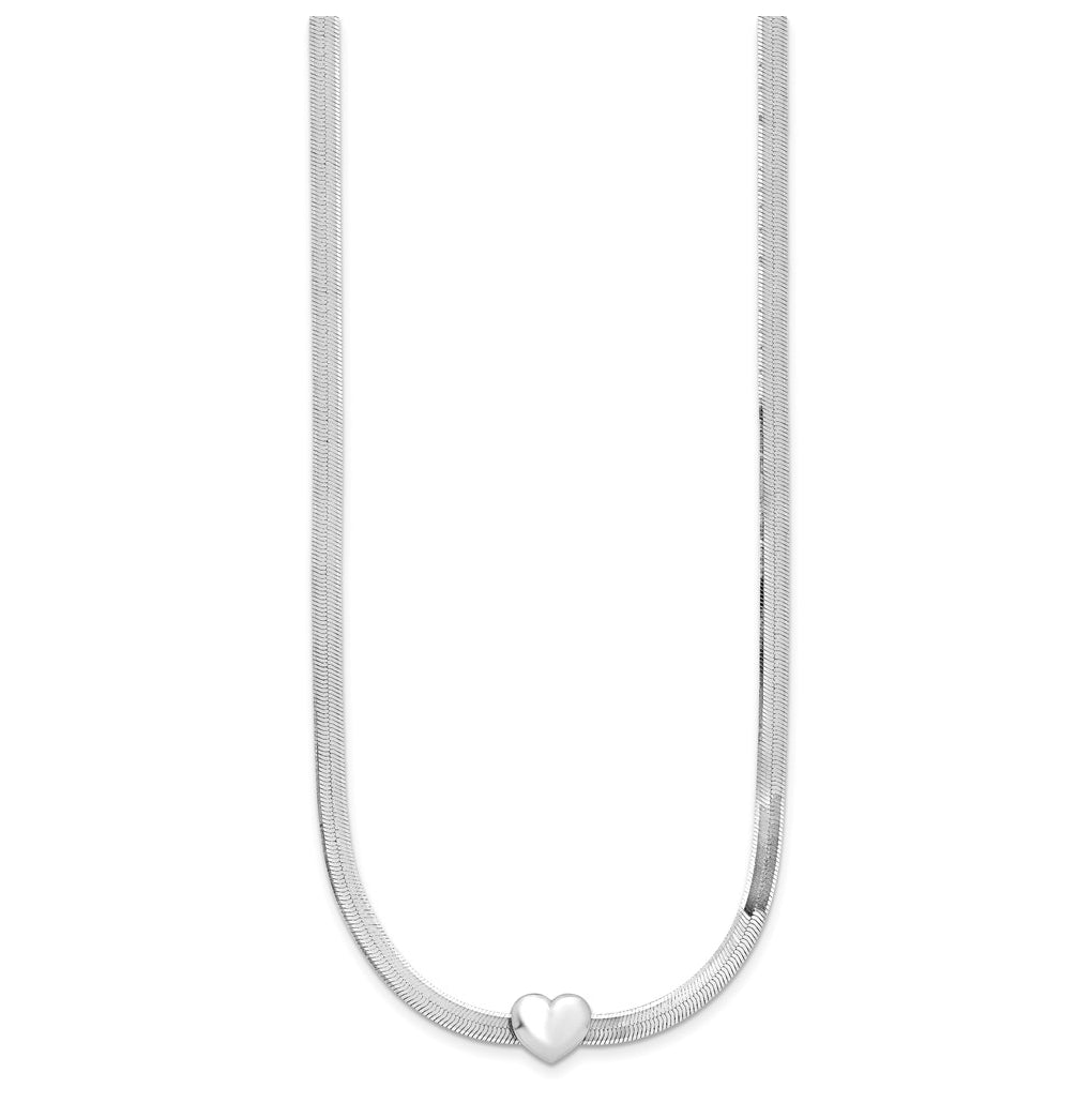 Sterling Silver RH-plated Polished Heart Herringbone w/ 2in ext. Necklace
