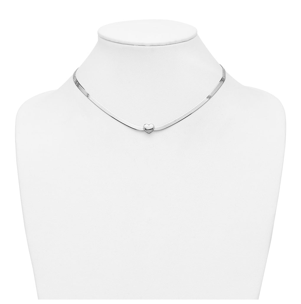 Sterling Silver RH-plated Polished Heart Herringbone w/ 2in ext. Necklace