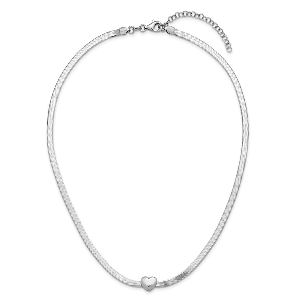 Sterling Silver RH-plated Polished Heart Herringbone w/ 2in ext. Necklace