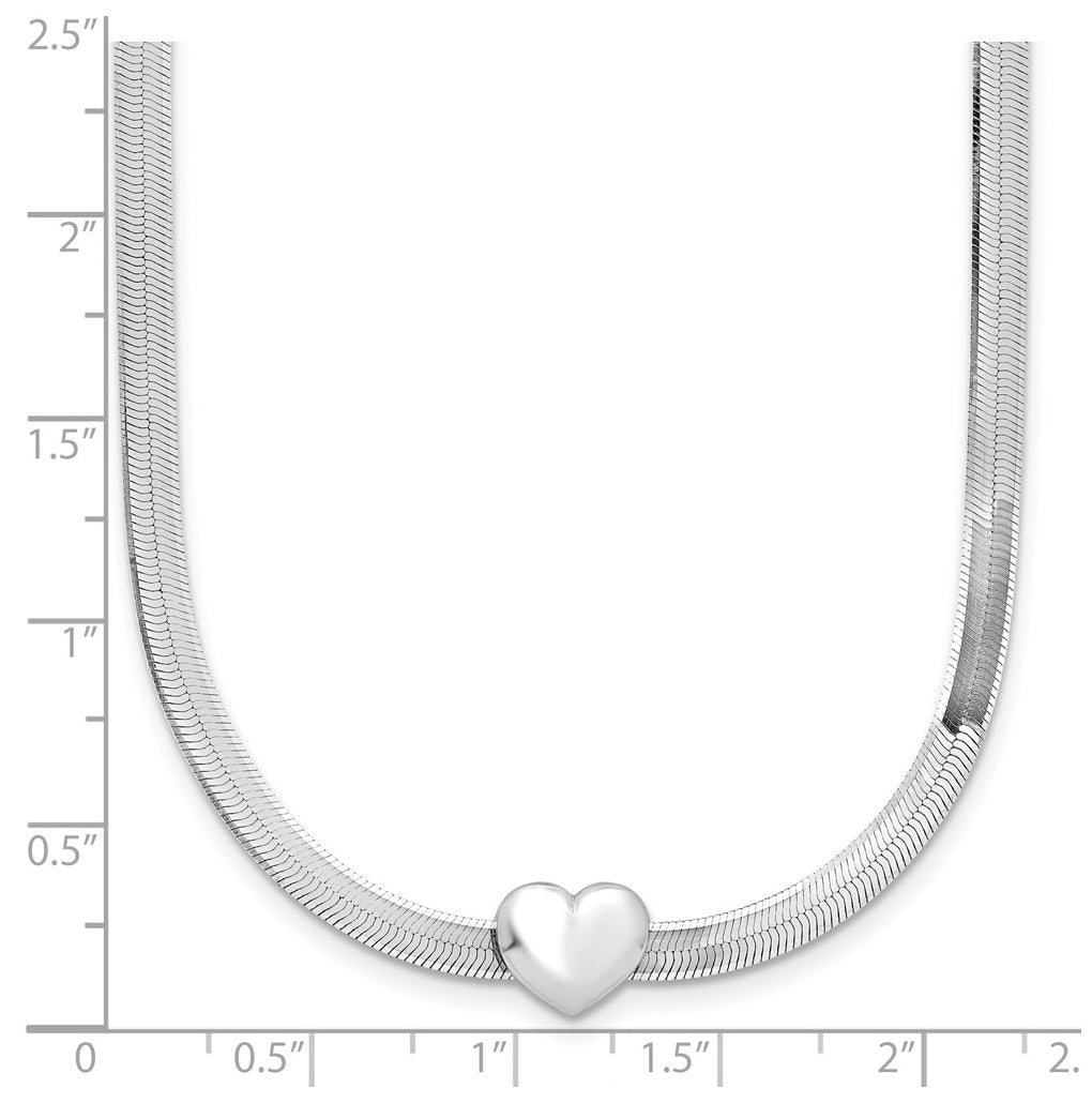 Sterling Silver RH-plated Polished Heart Herringbone w/ 2in ext. Necklace