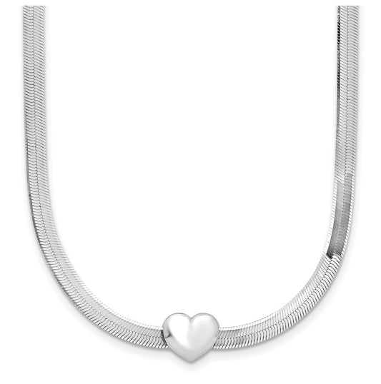 Sterling Silver RH-plated Polished Heart Herringbone w/ 2in ext. Necklace
