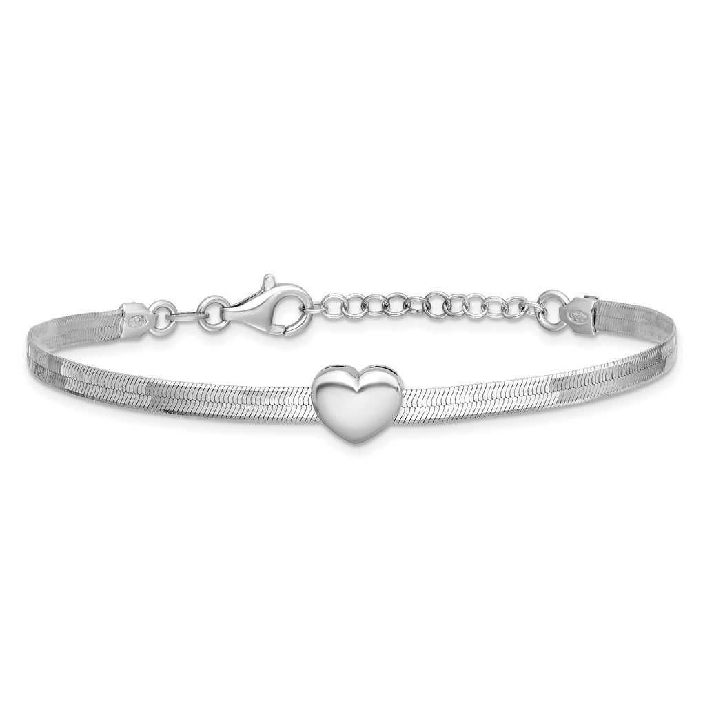 Sterling Silver RH-plated Polished Heart Herringbone w/ 1in ext. B