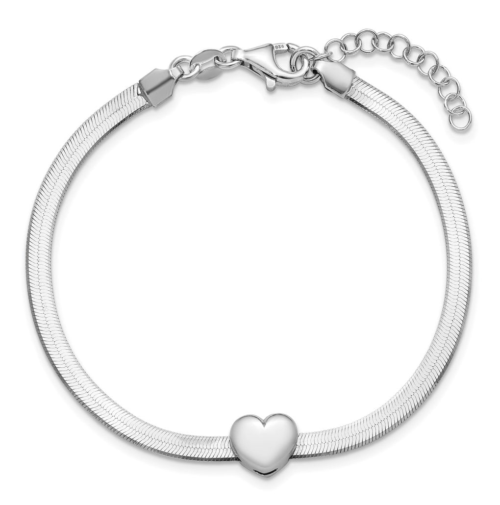 Sterling Silver RH-plated Polished Heart Herringbone w/ 1in ext. B
