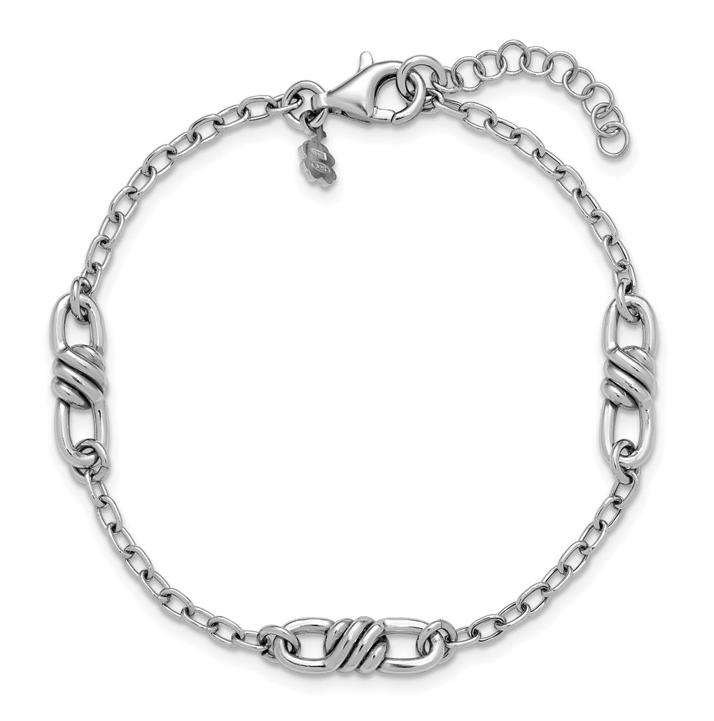 Sterling Silver RH-plated Polished Fancy Link w/1in ext. Bracelet