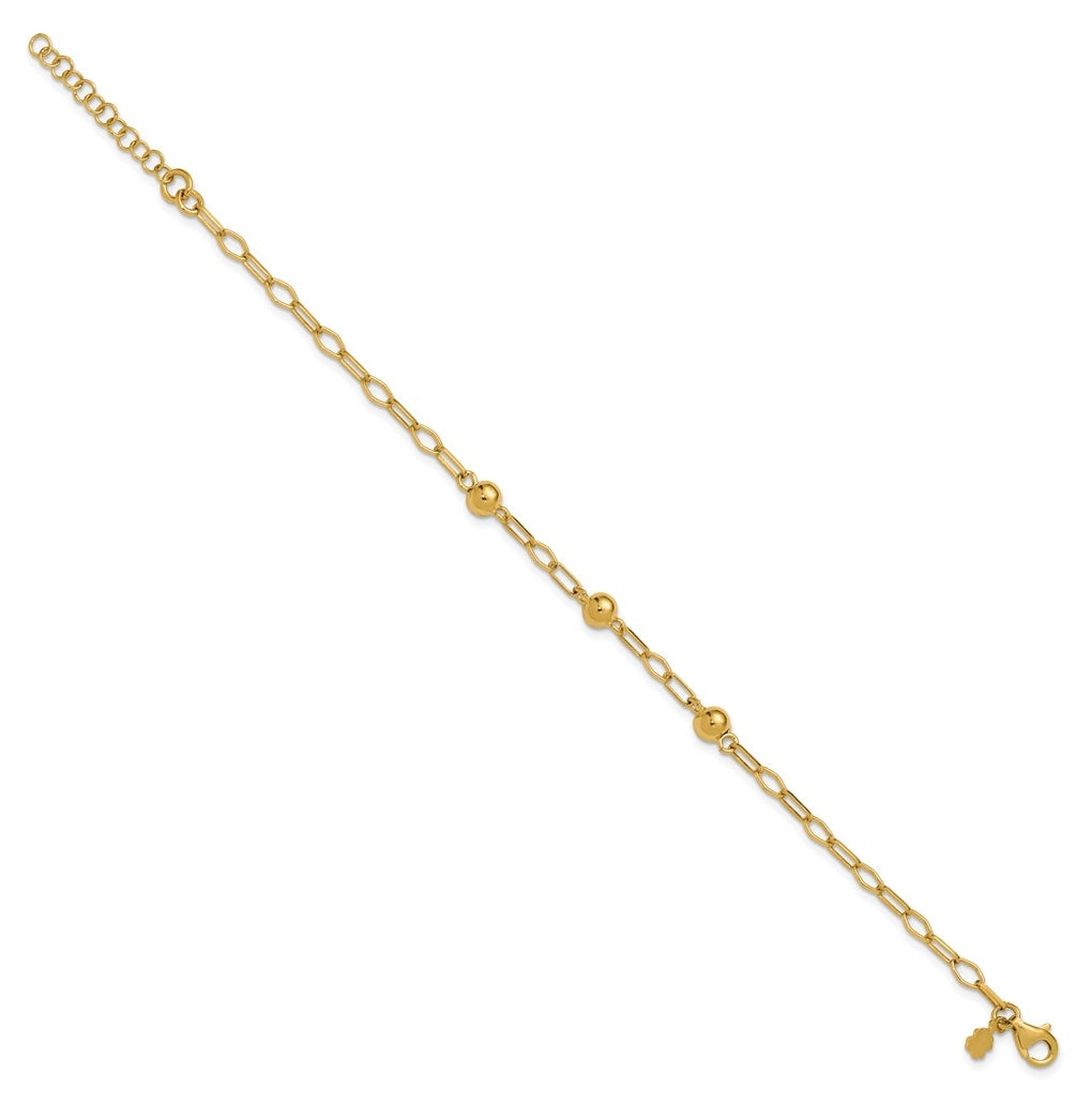 Sterling Silver Gold-tone pol. Beaded Link w/1in ext. Bracelet