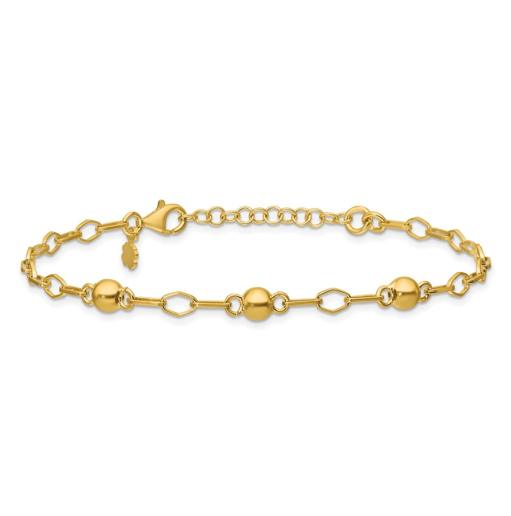 Sterling Silver Gold-tone pol. Beaded Link w/1in ext. Bracelet