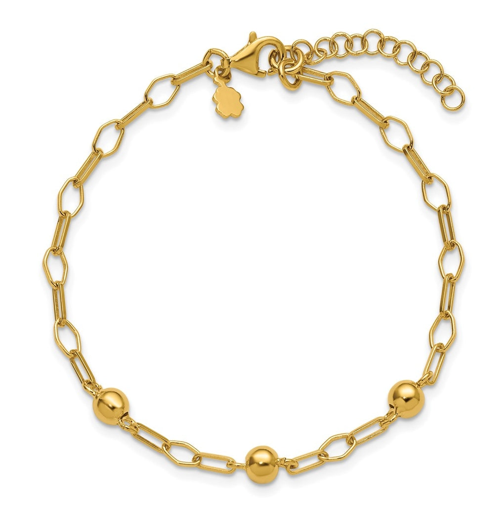 Sterling Silver Gold-tone pol. Beaded Link w/1in ext. Bracelet