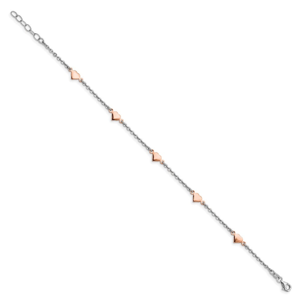 Sterling Silver Rhodium and Rose Gold-plated Heart  9 inch Plus 1 inch Extender - Total 10 inch Anklet