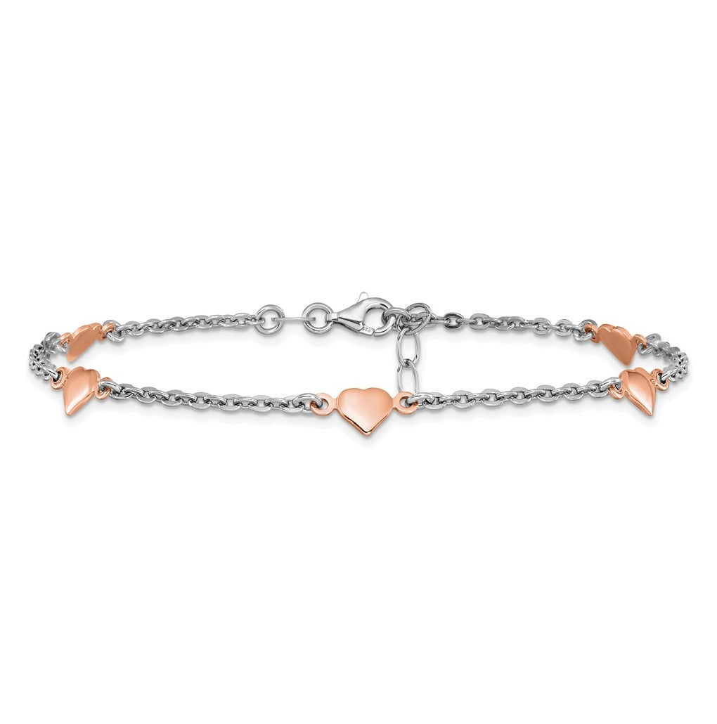 Sterling Silver Rhodium and Rose Gold-plated Heart  9 inch Plus 1 inch Extender - Total 10 inch Anklet