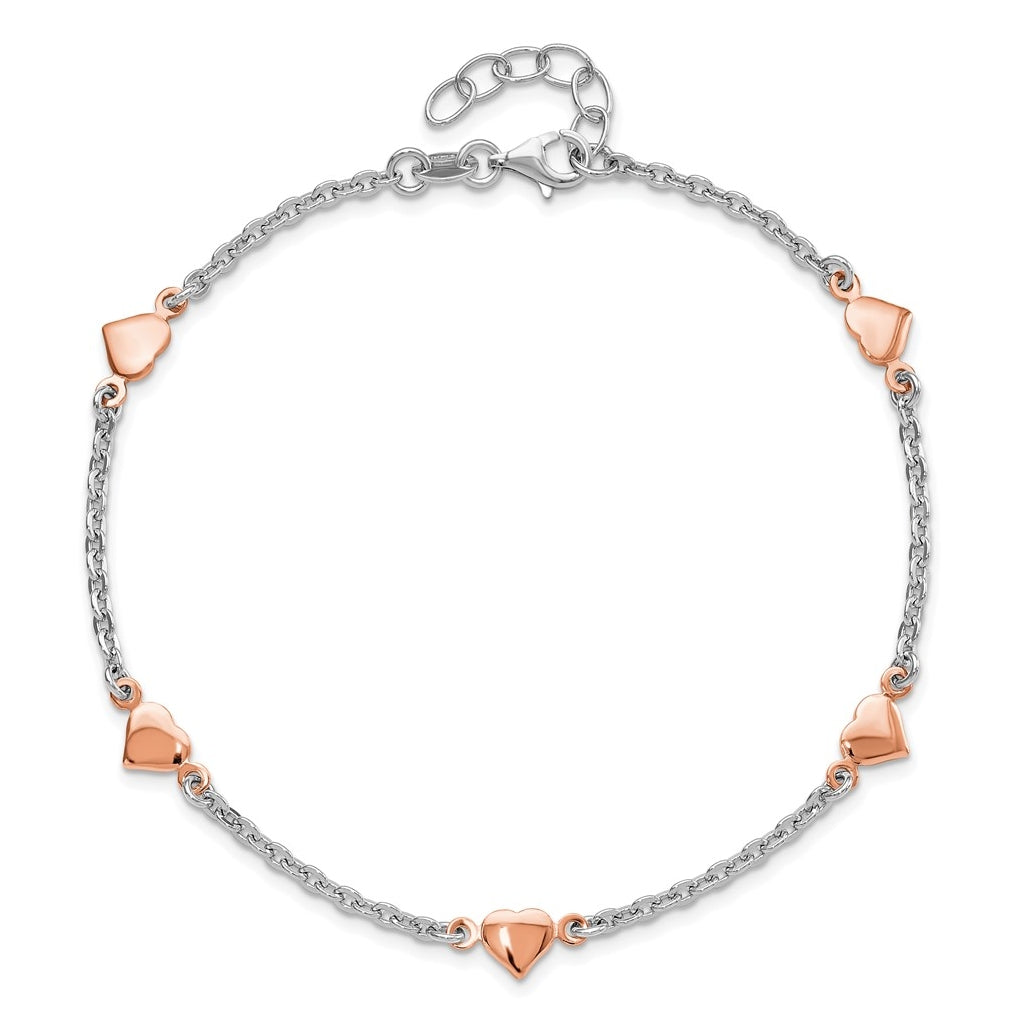 Sterling Silver Rhodium and Rose Gold-plated Heart  9 inch Plus 1 inch Extender - Total 10 inch Anklet