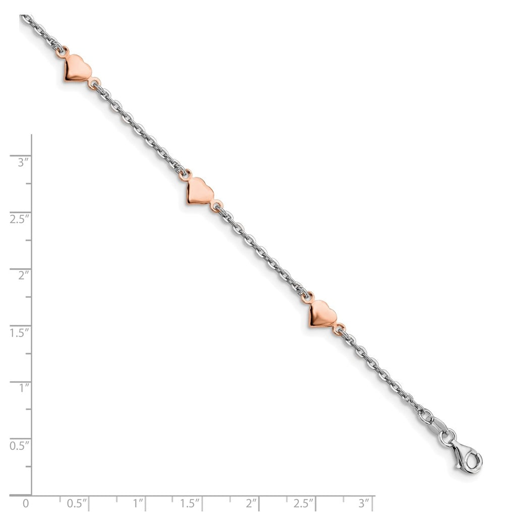 Sterling Silver Rhodium and Rose Gold-plated Heart  9 inch Plus 1 inch Extender - Total 10 inch Anklet