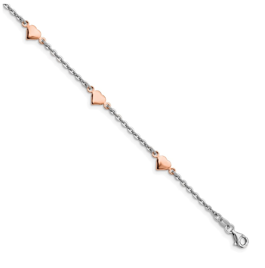 Sterling Silver Rhodium and Rose Gold-plated Heart  9 inch Plus 1 inch Extender - Total 10 inch Anklet