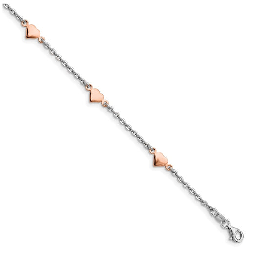 Sterling Silver Rhodium and Rose Gold-plated Heart  9 inch Plus 1 inch Extender - Total 10 inch Anklet