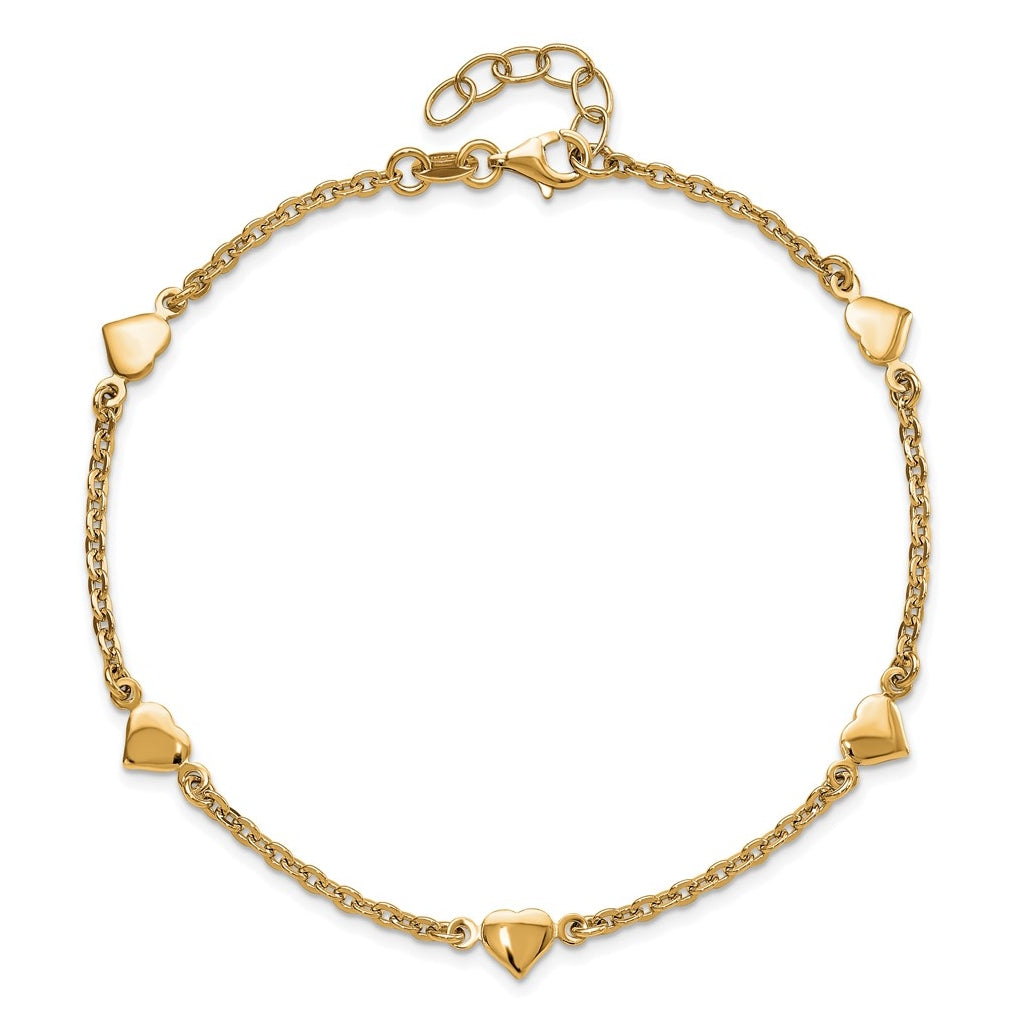 Sterling Silver Gold-plated Heart 5-Station 9 inch Plus 0.5 inch Extender - Total 9.5 inch Anklet