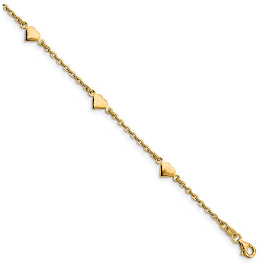 Sterling Silver Gold-plated Heart 5-Station 9 inch Plus 0.5 inch Extender - Total 9.5 inch Anklet