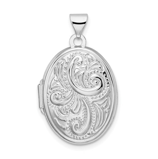 Sterling Silver Rhodium-plated Reversible Scroll Oval Locket – Elegant Jewelry Gift for Birthday, Anniversary, Engagement, Wedding