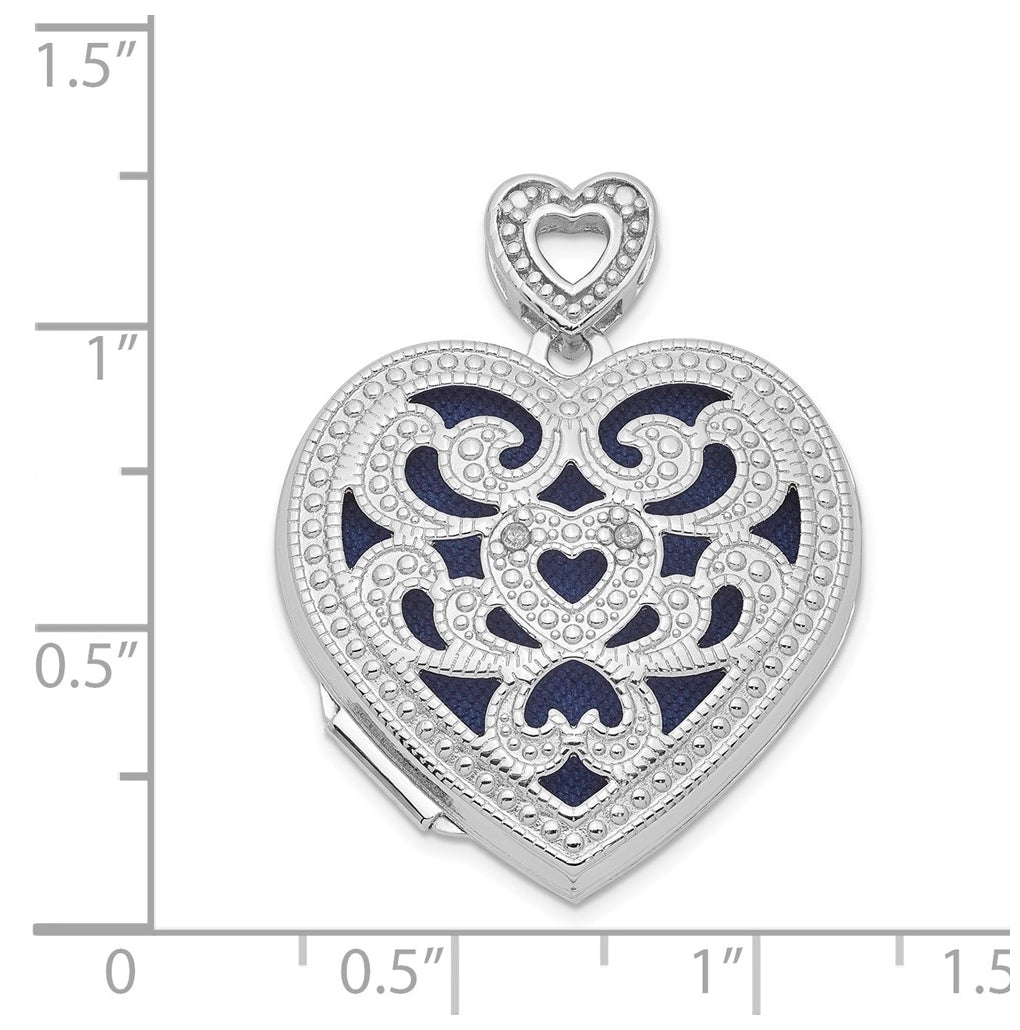 Sterling Silver Rhodium-plated 24mm w/ Diamond Vintage Heart Locket – Elegant Jewelry Gift for Birthday, Anniversary, Engagement, Wedding