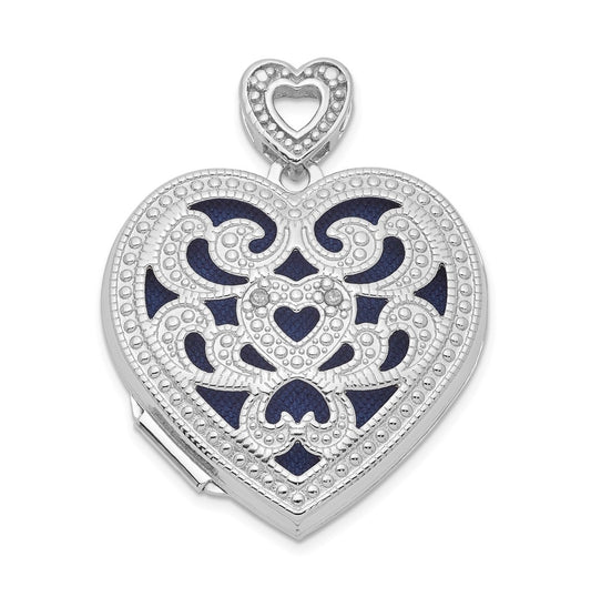 Sterling Silver Rhodium-plated 24mm w/ Diamond Vintage Heart Locket – Elegant Jewelry Gift for Birthday, Anniversary, Engagement, Wedding