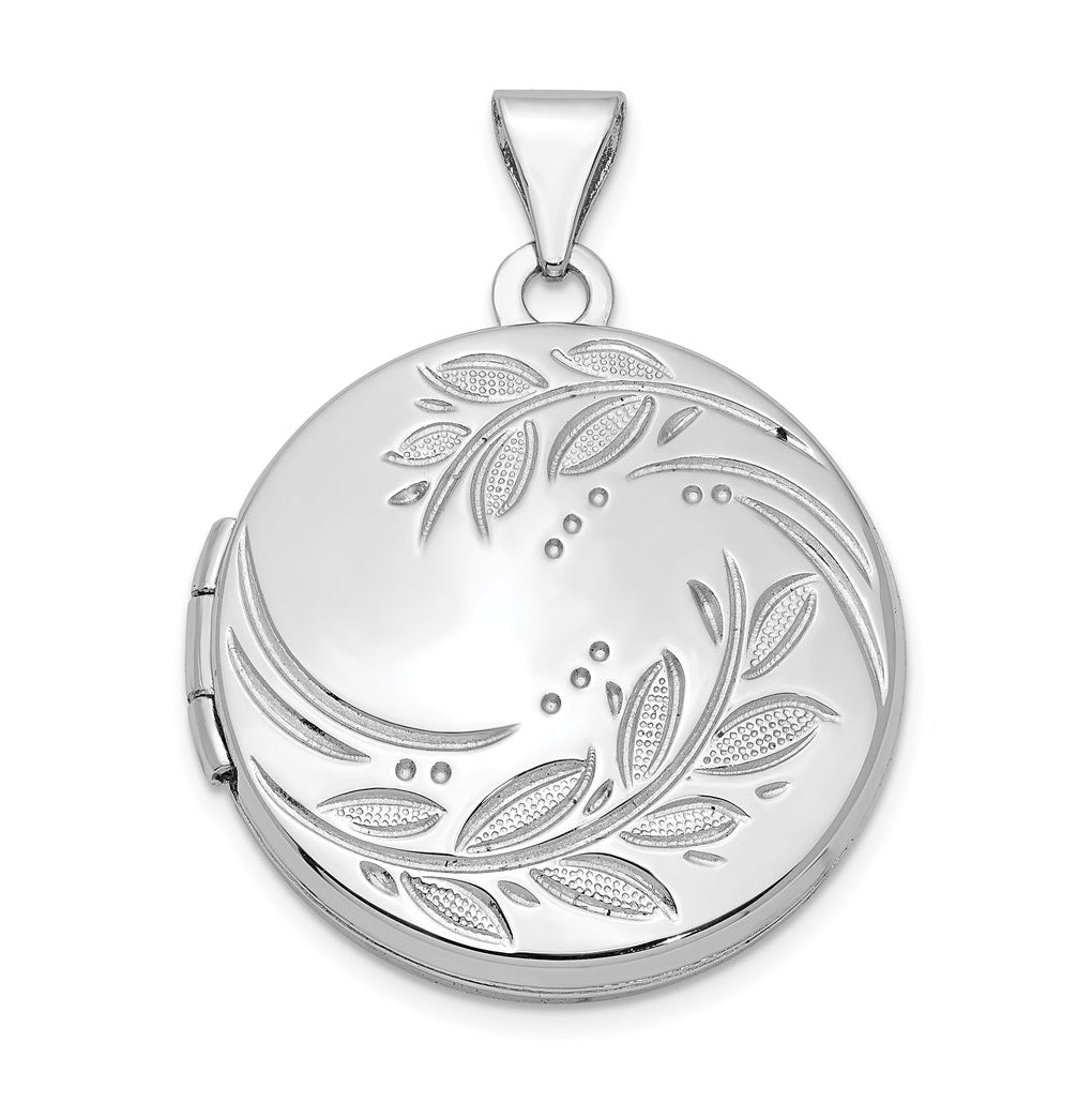 Sterling Silver Rhodium-plated 20mm Round Leaf Floral Locket – Elegant Jewelry Gift for Birthday, Anniversary, Engagement, Wedding