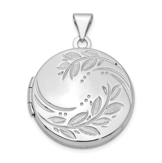 Sterling Silver Rhodium-plated 20mm Round Leaf Floral Locket – Elegant Jewelry Gift for Birthday, Anniversary, Engagement, Wedding