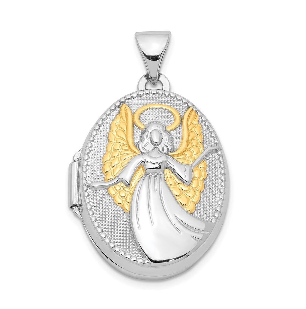Sterling Silver Rhodium-plated & Gold-plated Guardian Angel Oval Locket – Elegant Jewelry Gift for Birthday, Anniversary, Engagement, Wedding