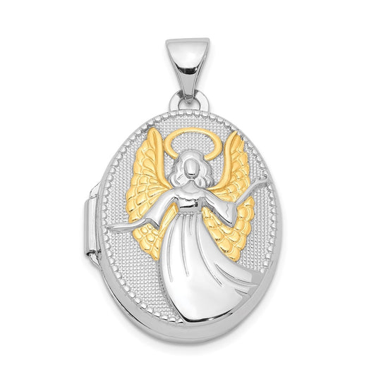 Sterling Silver Rhodium-plated & Gold-plated Guardian Angel Oval Locket – Elegant Jewelry Gift for Birthday, Anniversary, Engagement, Wedding