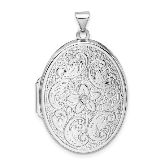 Sterling Silver Rhodium-plated Reversible Floral Swirl Oval Locket – Elegant Jewelry Gift for Birthday, Anniversary, Engagement, Wedding