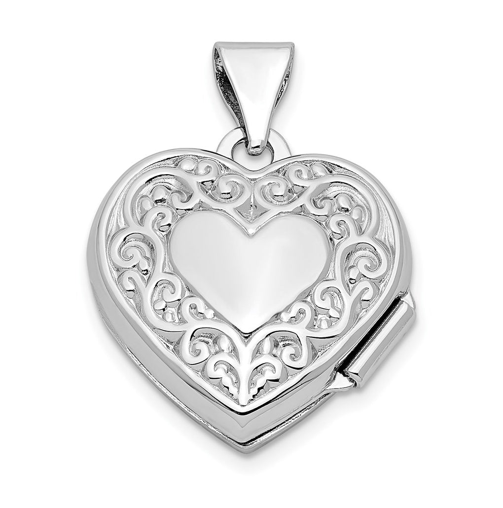 Sterling Silver Rhod-plated Scroll Border Reversible 15mm Heart Locket – Elegant Jewelry Gift for Birthday, Anniversary, Engagement, Wedding