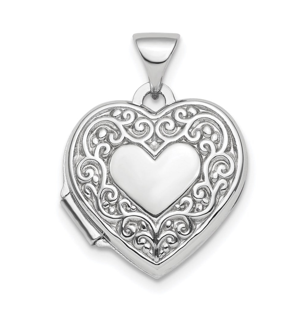 Sterling Silver Rhod-plated Scroll Border Reversible 15mm Heart Locket – Elegant Jewelry Gift for Birthday, Anniversary, Engagement, Wedding