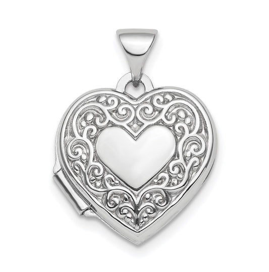 Sterling Silver Rhod-plated Scroll Border Reversible 15mm Heart Locket – Elegant Jewelry Gift for Birthday, Anniversary, Engagement, Wedding