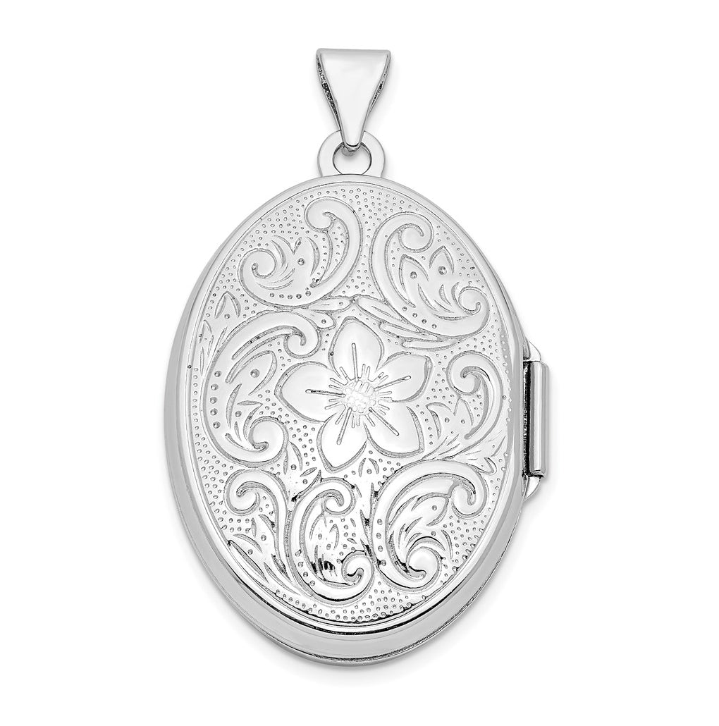Sterling Silver Rhod-plated Floral Swirl Reversible 26mm Oval Locket – Elegant Jewelry Gift for Birthday, Anniversary, Engagement, Wedding
