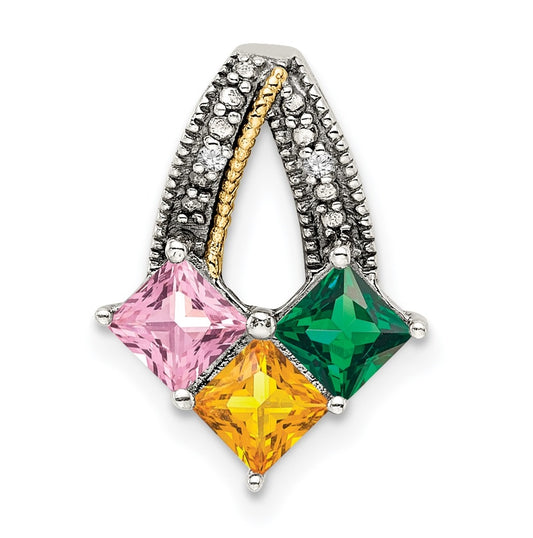 Sterling Silver & 14k 3-stone and Diamond Mother's Pendant on 18in Chain