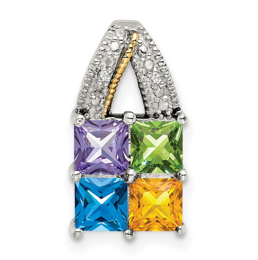 Sterling Silver & 14k 4-stone and Diamond Mother's Pendant on 18in Chain
