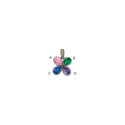 Sterling Silver Antiqued with 14k 4-stone with Diamond Mothers Pendant Semi-Mount