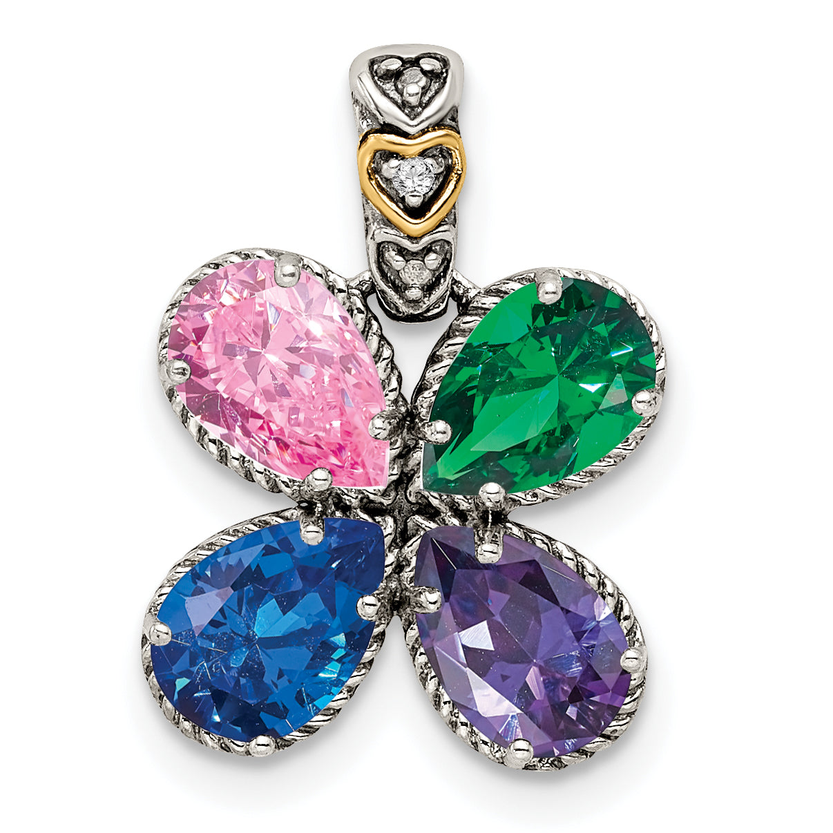 Sterling Silver Antiqued with 14k 4-stone with Diamond Mothers Pendant Semi-Mount