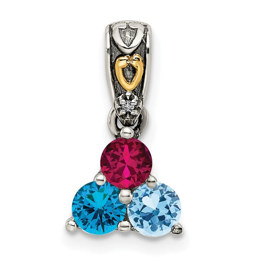 Sterling Silver with 14k Three-stone and Diamond Mother's Pendant on 18in Chain