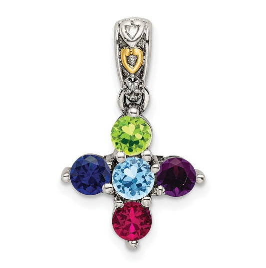 Sterling Silver with 14k Five-stone and Diamond Mother's Pendant on 18in Chain
