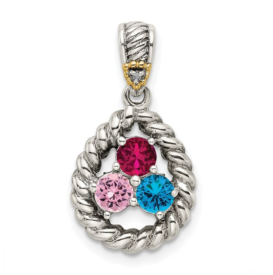 Sterling Silver & 14k Three-stone and Diamond Mothers Pendant on 18in Chain