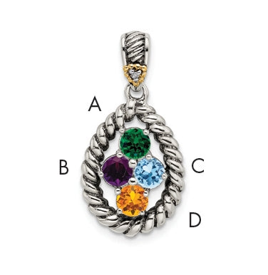 Sterling Silver & 14k Four-stone and Diamond Mothers Pendant on 18in Chain