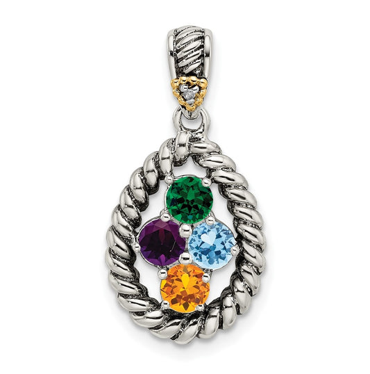 Sterling Silver & 14k Four-stone and Diamond Mothers Pendant on 18in Chain