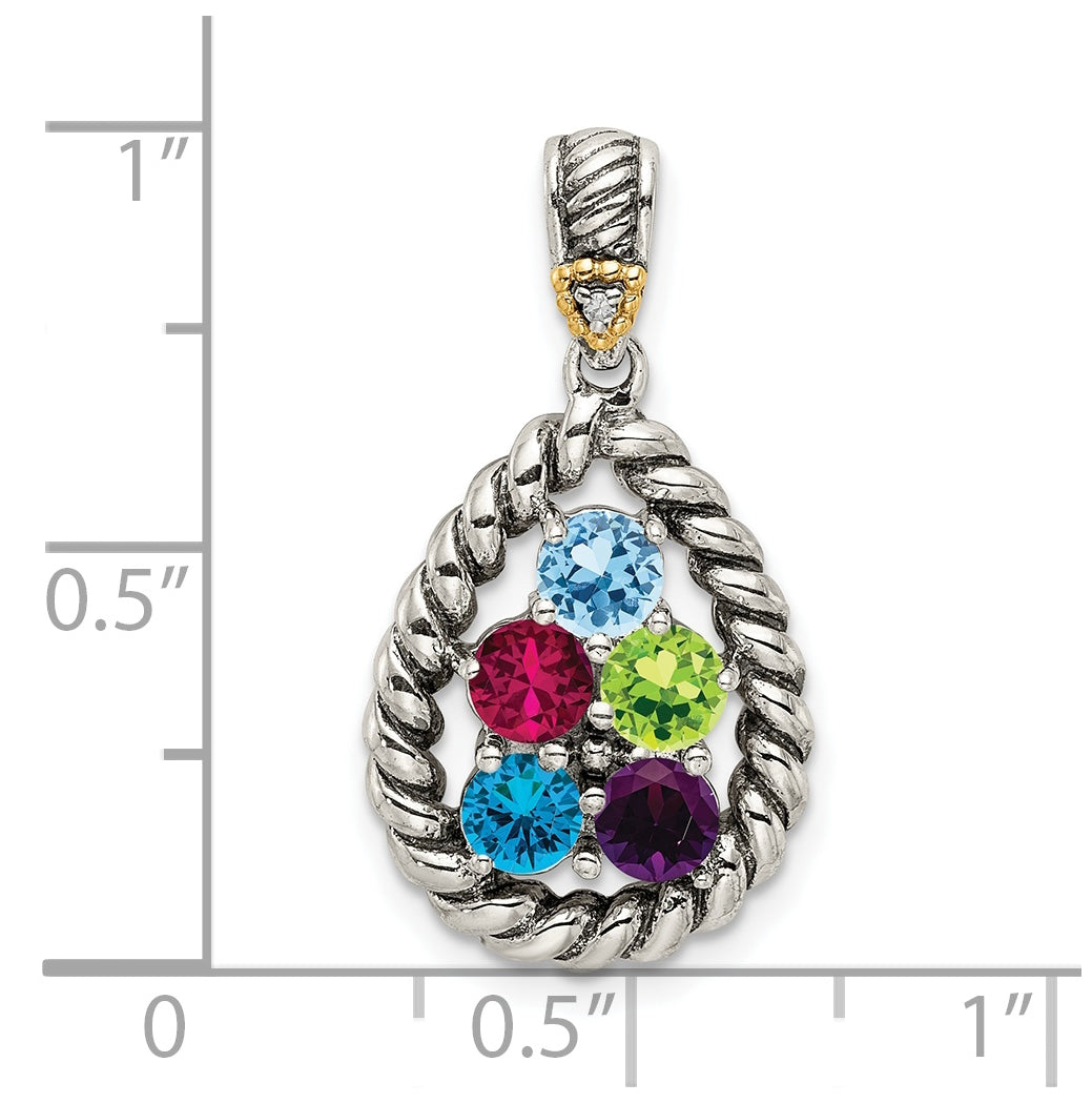 Sterling Silver & 14k Five-stone and Diamond Mothers Pendant on 18in Chain