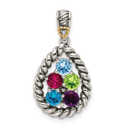 Sterling Silver & 14k Five-stone and Diamond Mothers Pendant on 18in Chain
