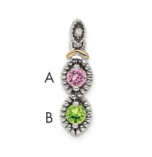 Sterling Silver & 14k 2stones and Diamond Mother's Pendant on 18in Chain