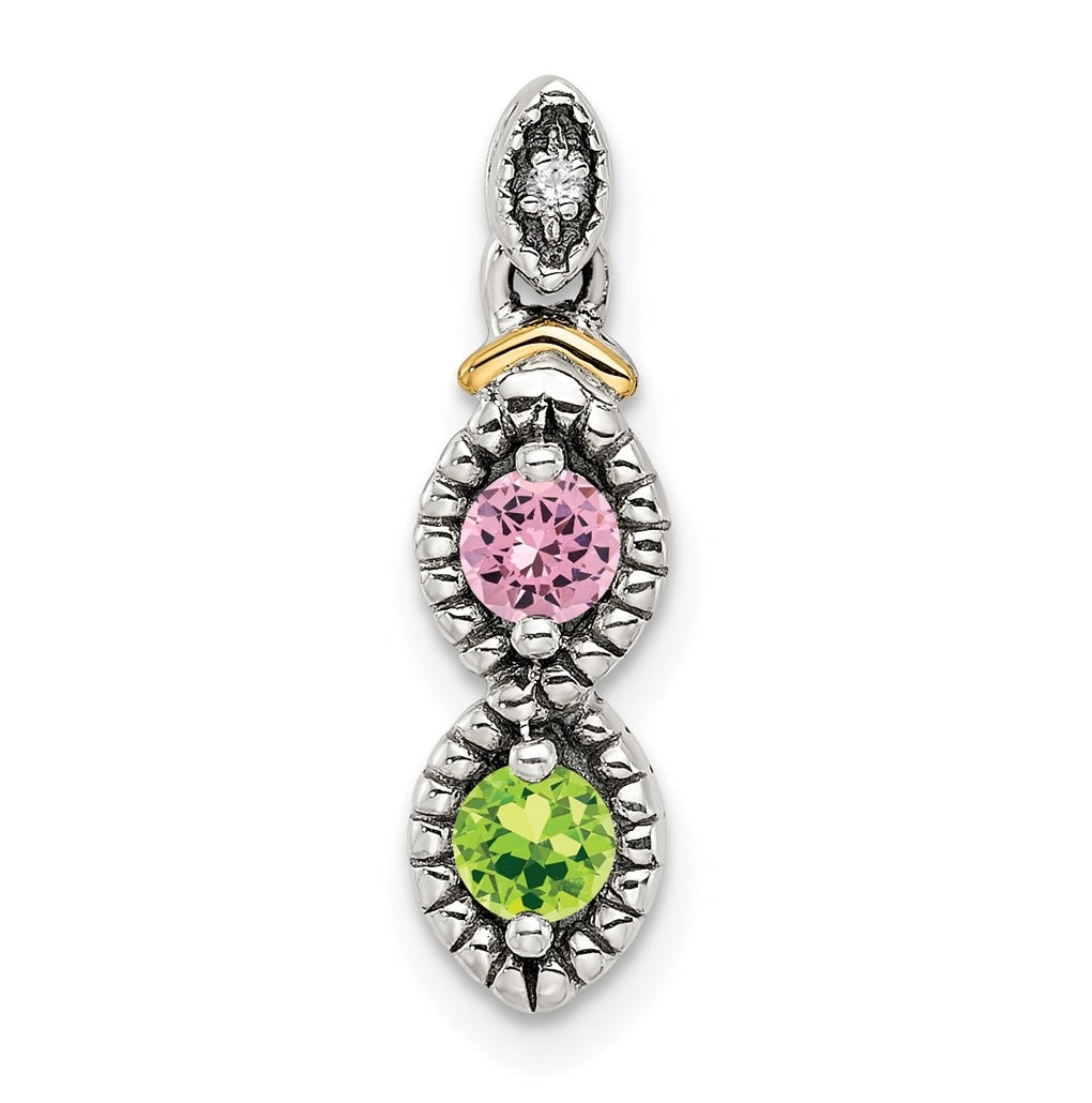 Sterling Silver & 14k 2stones and Diamond Mother's Pendant on 18in Chain