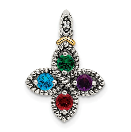 Sterling Silver & 14k 4stone and Diamond Mother's Pendant on 18in Chain