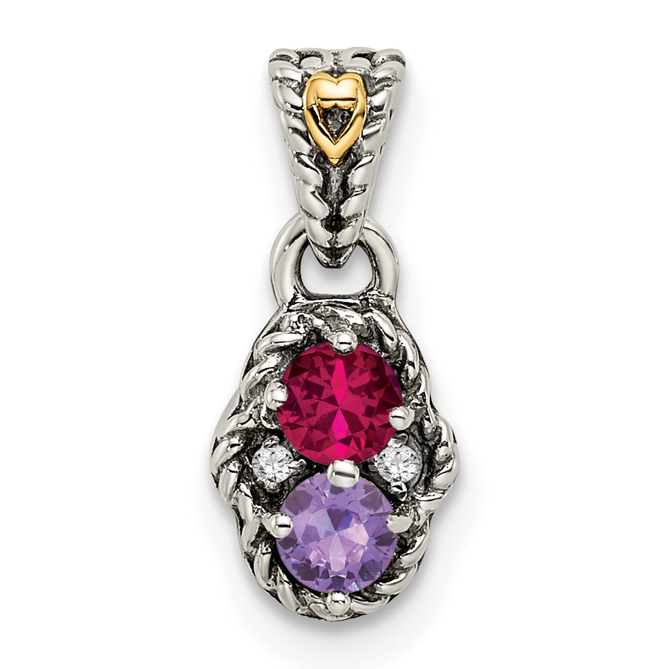 Sterling Silver Antiqued with 14k 2-stone with Diamond Mothers Pendant Semi-Mount
