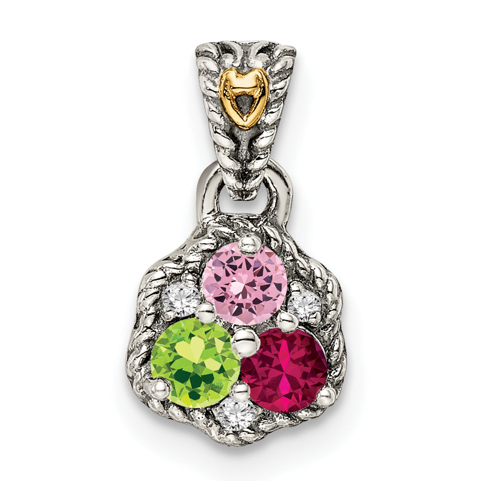 Sterling Silver Antiqued with 14k 3-stone with Diamond Mothers Pendant Semi-Mount