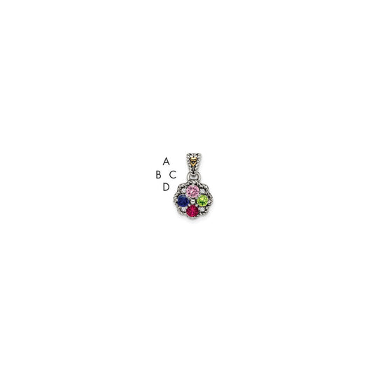 Sterling Silver Antiqued with 14k 4-stone with Diamond Mothers Pendant Semi-Mount