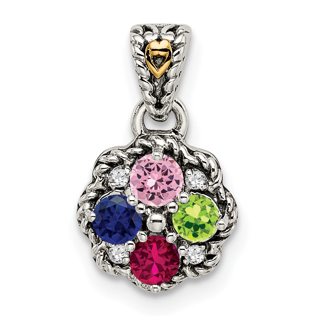 Sterling Silver Antiqued with 14k 4-stone with Diamond Mothers Pendant Semi-Mount