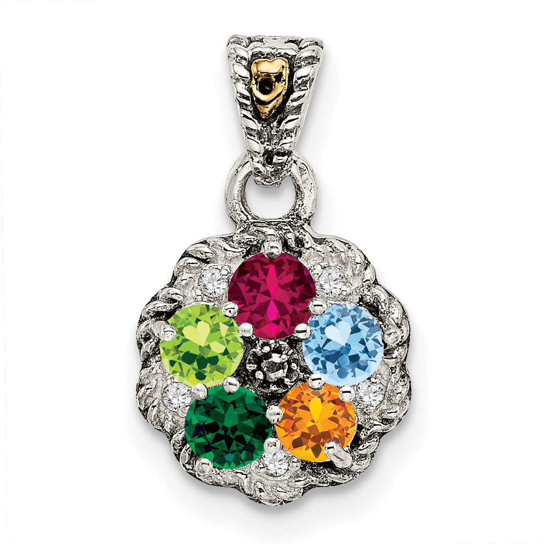 Sterling Silver Antiqued with 14k 5-stone with Diamond Mothers Pendant Semi-Mount